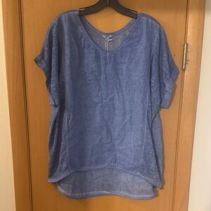 Kaktus Women’s Chambray Woven Cuffed V Neck Top Linen New Blue Size XL